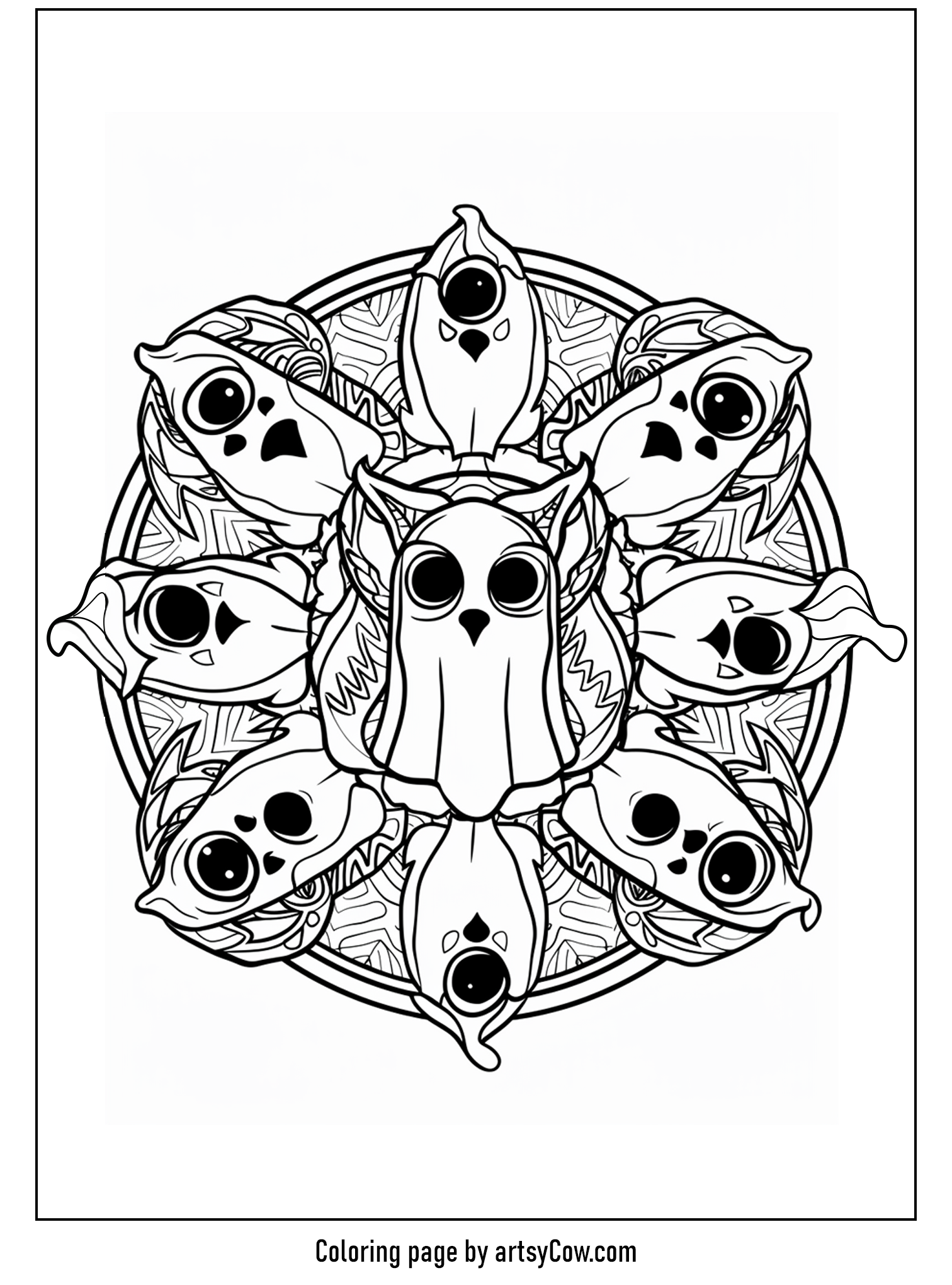 halloween ghost mandala featuring an intricate design of ghostly owls arranged in a mandala pattern, exuding a playful yet spooky charm.